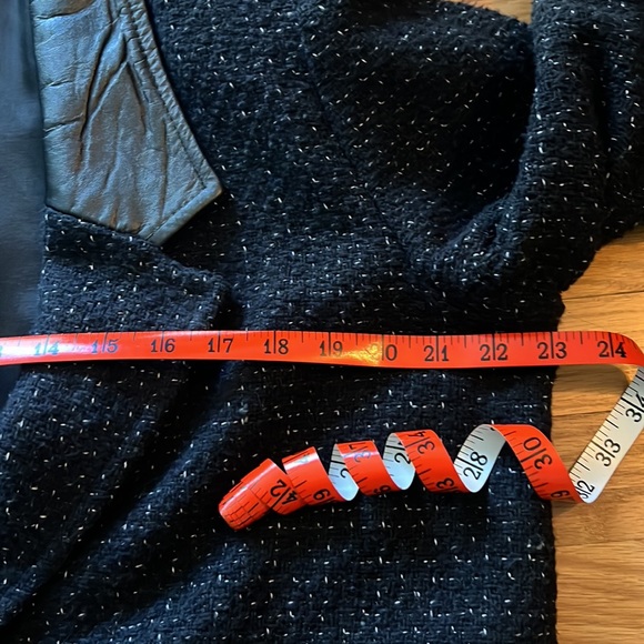 Vintage Otello Pelle Black & White Tweed Trench Coat with Leather Collar Size XL - Picture 10 of 11